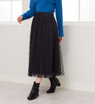 BELLUNA（ベルーナ）の「ドットフロッキーチュール重ねスカート（ロングスカート）」