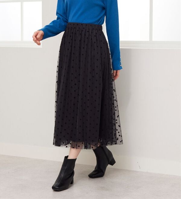 BELLUNA（ベルーナ）の「ドットフロッキーチュール重ねスカート（ロングスカート）」｜詳細画像