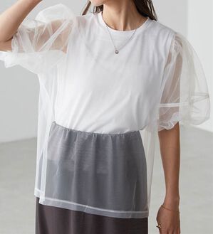 RANAN（ラナン）の「【ひんやり】チュールレイヤードパフスリーブTシャツ（カットソー）」｜オフホワイト