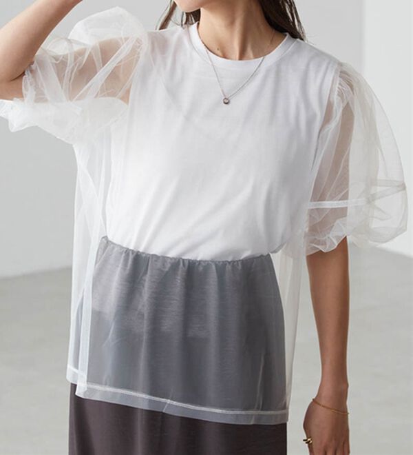 RANAN（ラナン）の「【ひんやり】チュールレイヤードパフスリーブTシャツ（カットソー）」｜オフホワイト