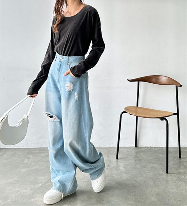 GeeRA（ジーラ）の「ダメージカーブデニムパンツ（フルレングスパンツ）」｜詳細画像