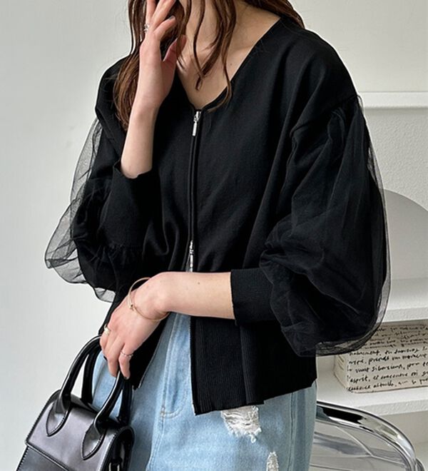 GeeRA（ジーラ）の「チュール袖ダブルジップカーディガン（ニットカーディガン）」｜詳細画像