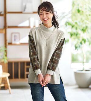 BELLUNA（ベルーナ）の「袖チェック切替デザインプルオーバー（カットソー）」｜アイボリー系