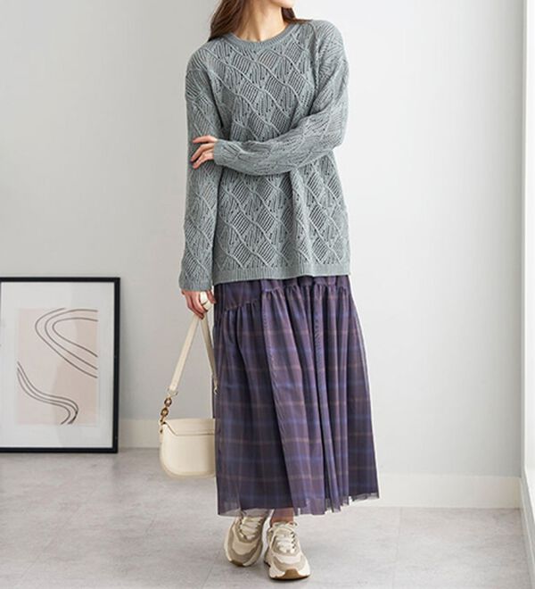 BELLUNA（ベルーナ）の「リーフ柄透かし編ニットチュニック（チュニック）」｜詳細画像