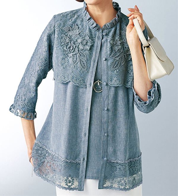 BELLUNA（ベルーナ）の「クリンプレース切替モチーフ使いアンサンブル（ノーカラージャケット）」｜ブルーグレー