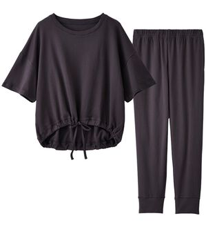 YU'NOW（ユナウ）の「【２点セット】コットン１００％ウエストドローストリングプルオーバー上下セット（パジャマ・ルームウェア）」｜チャコールグレー