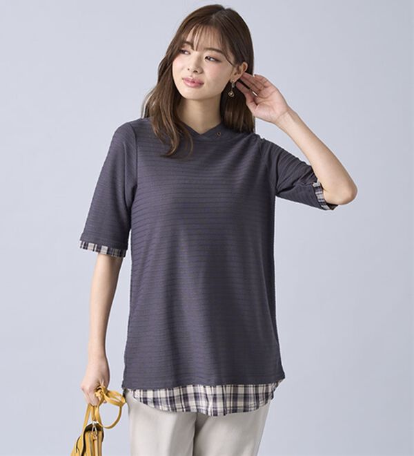 BELLUNA（ベルーナ）の「ひんやり冷感！タックジャカード素材重ね着風プルオーバー（カットソー）」｜詳細画像