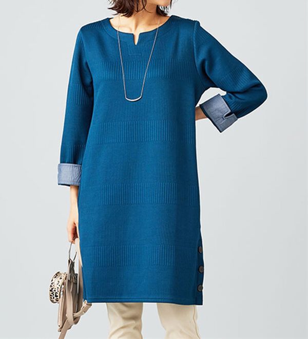 BELLUNA（ベルーナ）の「ボタン使いボーダージャカードワンピース（その他ワンピース）」｜詳細画像