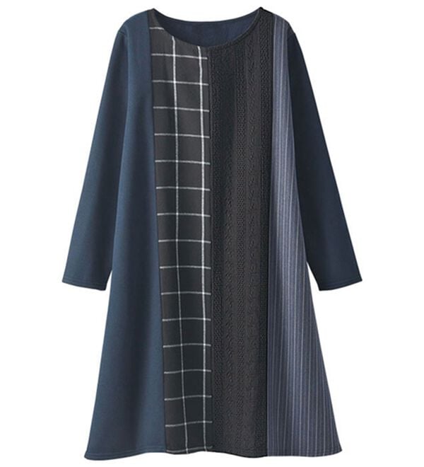 BELLUNA（ベルーナ）の「異素材切替裏起毛ワンピース（カットソーワンピース）」｜ネイビー系