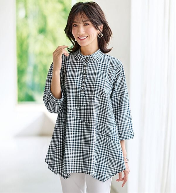 BELLUNA（ベルーナ）の「綿１００％スラブ素材スタンド衿切替ブラウス（ブラウス）」｜ネイビー系チェック