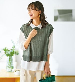 BELLUNA（ベルーナ）の「透かし編ニットベストアンサンブル（アンサンブル）」｜オリーブ