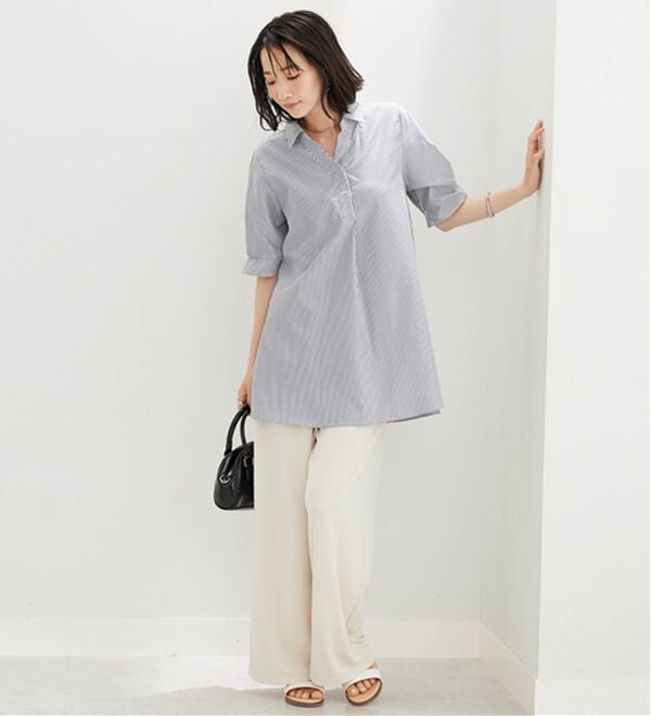 BELLUNA（ベルーナ）の「【接触冷感】麻調素材袖パール付シャツチュニック（チュニック）」｜詳細画像