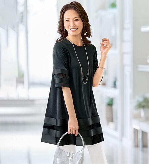 BELLUNA（ベルーナ）の「＜シックにおしゃれに体型カバー！＞グログランテープ使いチュニック（チュニック）」｜黒