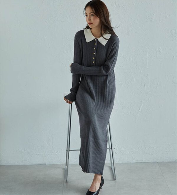 ポロカラーリブニットワンピース - ベルーナ【公式】