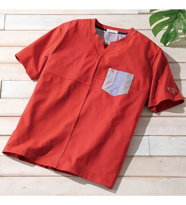 「＜ハッシュパピー＞大人のパネル切替プルオーバー（メンズシャツ）」｜レッド