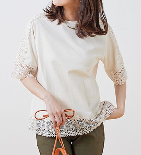 BELLUNA（ベルーナ）の「リーフ柄レース使いプルオーバー（カットソー）」｜詳細画像