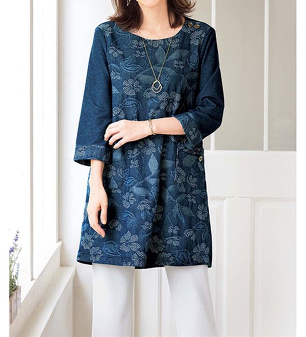 ルフラン（ルフラン）の「花モチーフデニム切替チュニック（カットソー）」｜詳細画像