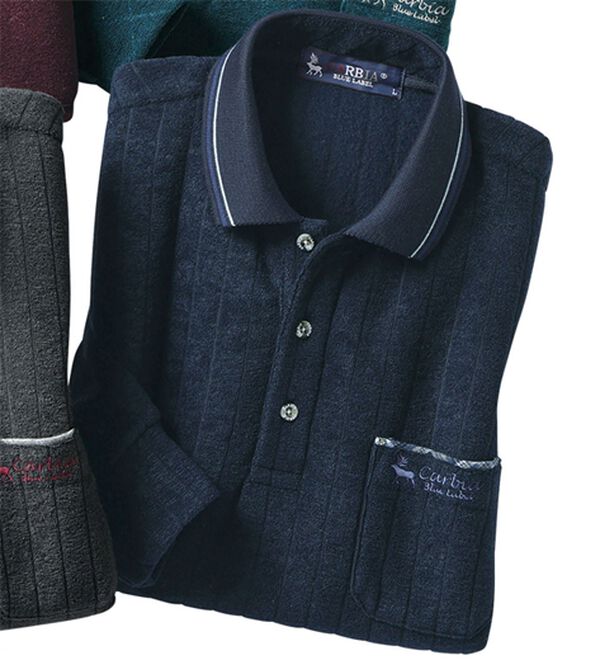 「毎日着たい柔らか素材の暖かポロ（メンズポロシャツ）」｜ネイビーストライプ