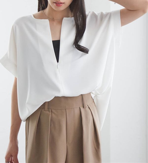 RANAN（ラナン）の「【汗シミ防止】ひんやり&防シワ前後2WAYハーフジップブラウス（ブラウス）」｜詳細画像