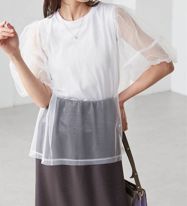 RANAN（ラナン）の「【ひんやり】チュールレイヤードパフスリーブTシャツ（カットソー）」｜詳細画像