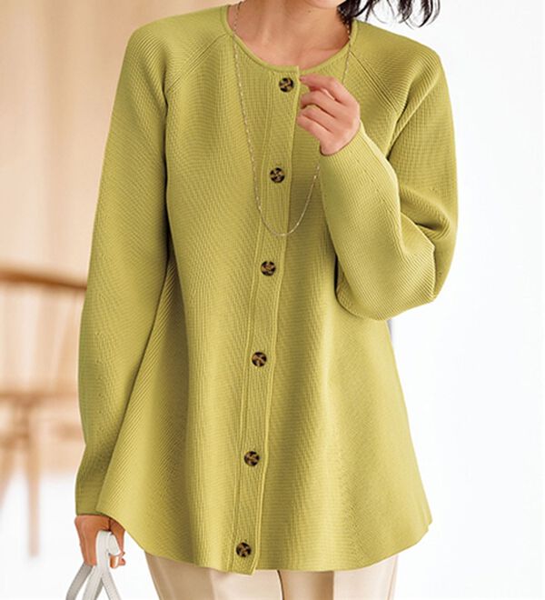 BELLUNA（ベルーナ）の「上品スポンディッシュニットペプラムカーディガン（ニットカーディガン）」｜イエローグリーン