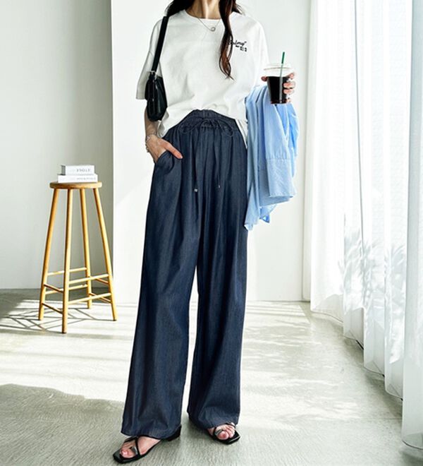 GeeRA（ジーラ）の「【接触冷感】穿いて感激！キレイ見えする楽ちんワイドデニムパンツ（ワイドパンツ・ガウチョ）」｜詳細画像