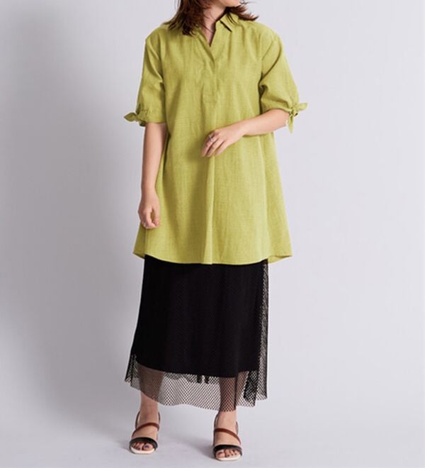 BELLUNA（ベルーナ）の「【接触冷感】麻調素材袖リボン使いシャツチュニック（チュニック）」｜詳細画像