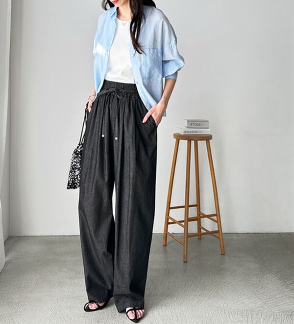 GeeRA（ジーラ）の「【接触冷感】穿いて感激！キレイ見えする楽ちんワイドデニムパンツ（ワイドパンツ・ガウチョ）」｜詳細画像