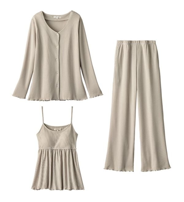 YU'NOW（ユナウ）の「カップ付ワッフルキャミソールルームウエア３点セット（パジャマ・ルームウェア）」｜詳細画像