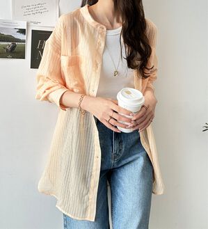 GeeRA（ジーラ）の「シアー素材ストライプマルチウェイシャツ（シャツ）」｜イエロー