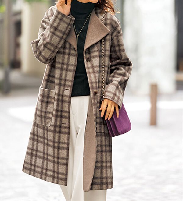 BELLUNA（ベルーナ）の「配色デザインウール調素材ノーカラーコート（ロングコート）」｜詳細画像