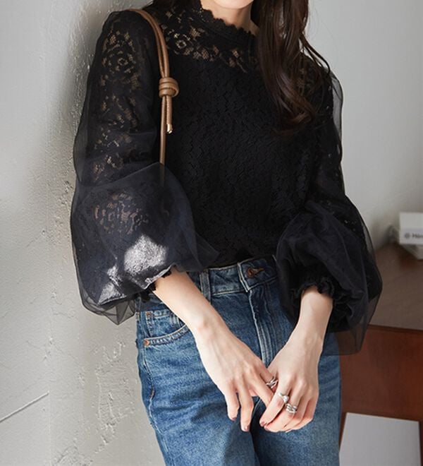 RANAN（ラナン）の「チュールドッキングフラワーレースキャンディースリーブブラウス（ブラウス）」｜詳細画像