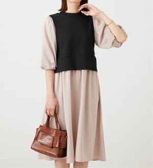 BELLUNA（ベルーナ）の「ベルト使い異素材切替ワンピ―ス（その他ワンピース）」｜ベージュ系