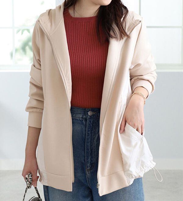 BELLUNA（ベルーナ）の「異素材切替フードジャケット（ノーカラージャケット）」｜詳細画像