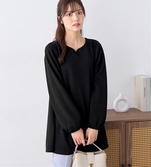 alotta（アロッタ）の「シワになりにくい！柔らかエンボス素材フレアーロングチュニックＴシャツ（チュニック）」｜ブラック