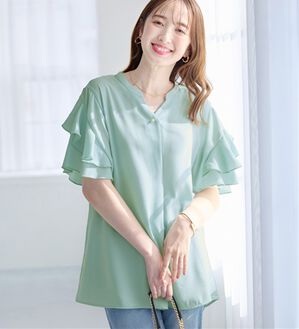 alotta（アロッタ）の「【イージーケア】フリル袖チュニックブラウス（チュニック）」｜ミントブルー