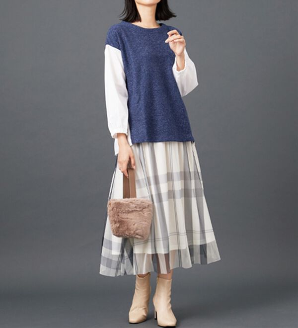 BELLUNA（ベルーナ）の「ラメ入り起毛素材シャツ切替プルオーバー（カットソー）」｜詳細画像