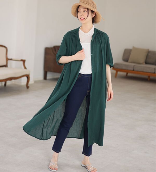 A HAPPY MARILYN（アハッピーマリリン）の「【Ｌ～６Ｌ】【風通るプレミアム】綿１００％ 楊柳 五分袖 ギャザーたっぷりワンピース（カットソーワンピース）」｜詳細画像