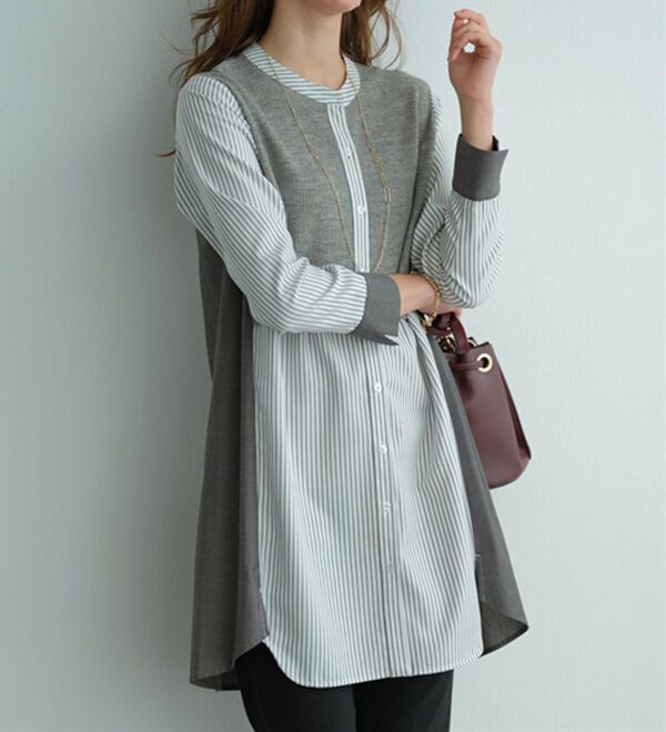 BELLUNA（ベルーナ）の「ストライプ&times;異素材切替シャツチュニック（チュニック）」｜詳細画像