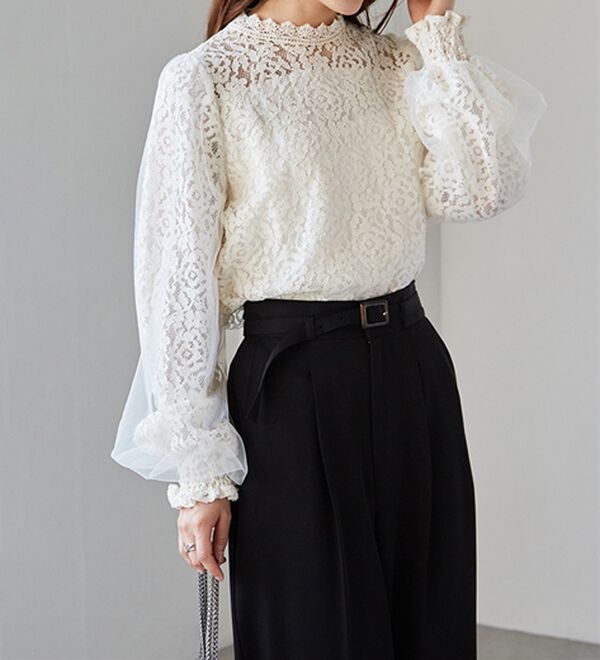 チュールドッキングフラワーレースキャンディースリーブブラウス