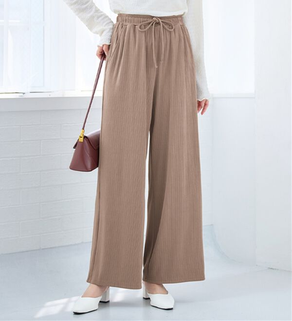 alotta（アロッタ）の「【選べる丈】のびのびストレッチリブワイドパンツ（クロップドパンツ）」｜モカ フルレングス丈