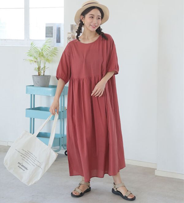 A HAPPY MARILYN（アハッピーマリリン）の「【Ｌ～６Ｌ】【風通るプレミアム】綿　楊柳　五分袖　ウエスト切替ワンピース（カットソーワンピース）」｜詳細画像