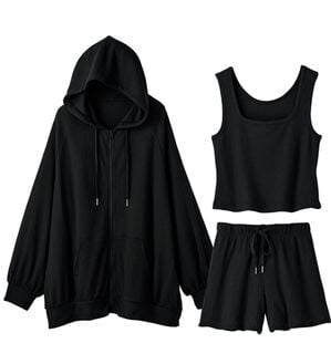 YU'NOW（ユナウ）の「ワッフルルームウェア３点セット（パジャマ・ルームウェア）」｜ブラック