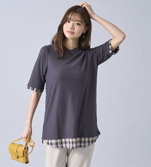 BELLUNA（ベルーナ）の「ひんやり冷感！タックジャカード素材重ね着風プルオーバー（カットソー）」｜詳細画像