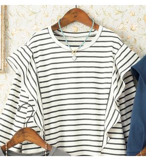 ルフラン（ルフラン）の「ちょい洒落＊７分袖ラッフルショルダーＴシャツ（カットソー）」｜ボーダー