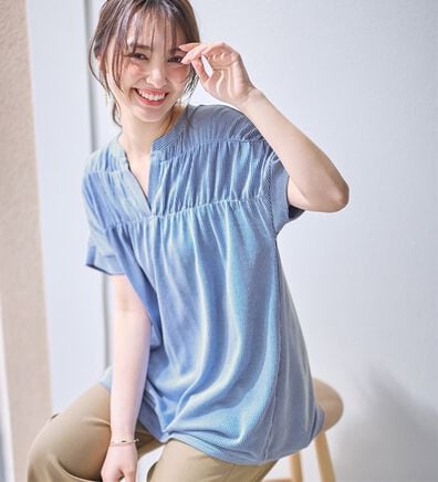 alotta（アロッタ）の「さらっと軽い綿混ストライプギャザーチュニック（チュニック）」