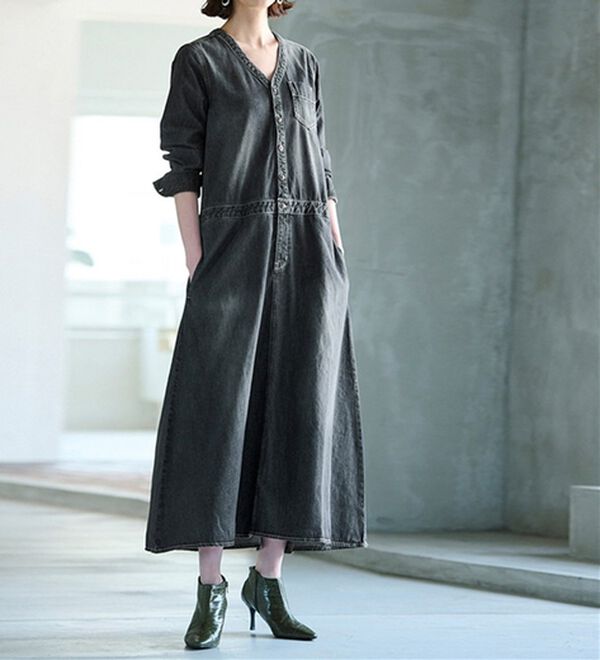 RANAN（ラナン）の「ロング丈デザインデニムワンピース（その他ワンピース）」｜グレー