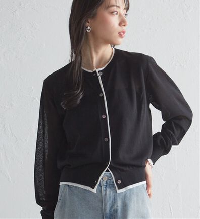 RANAN（ラナン）の「レイヤード風バイカラーシアーカーデ（ニットカーディガン）」