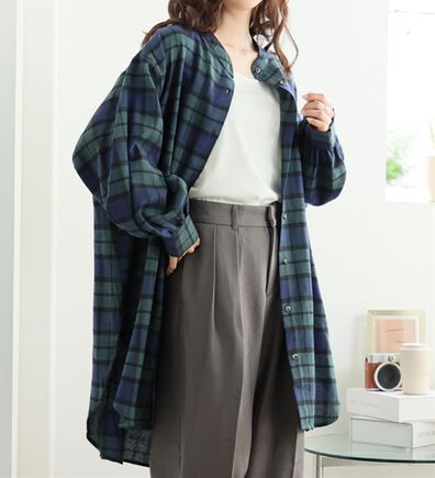A HAPPY MARILYN（アハッピーマリリン）の「【ＬＬ～８Ｌ】フランネル チェック バンドカラー 裾ラウンド チュニック（チュニックワンピース）」