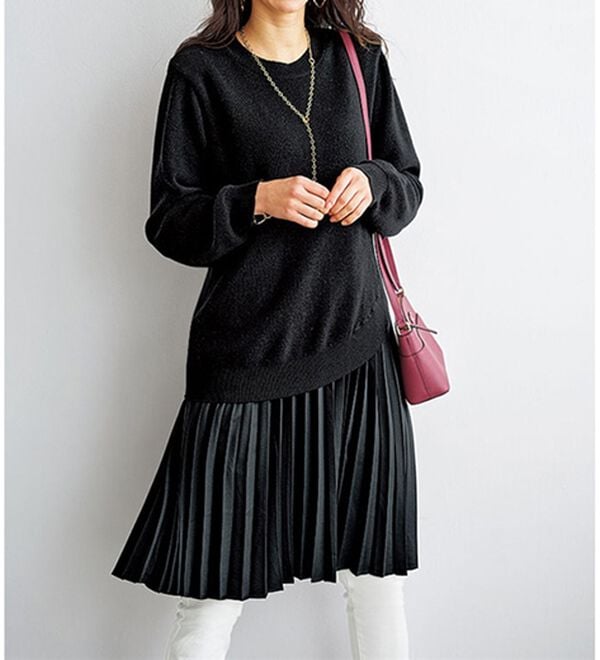 BELLUNA（ベルーナ）の「裾ラウンドニットプリーツ切替チュニック（チュニックワンピース）」｜黒